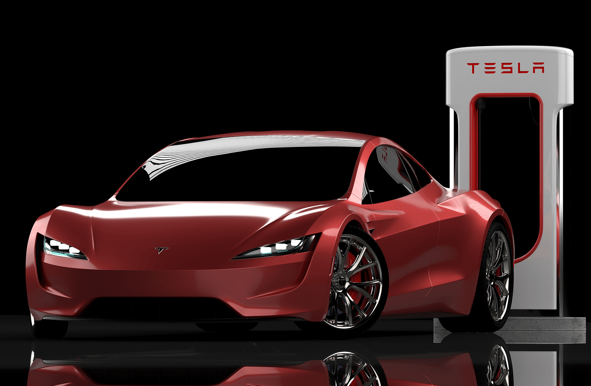 Tesla Roadster with Charger in studio